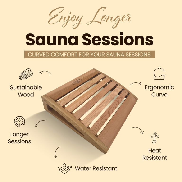 RUVARO sauna headrest visual showing a curved cedar shape, heat resistance, water resistance and support for longer sauna sessions