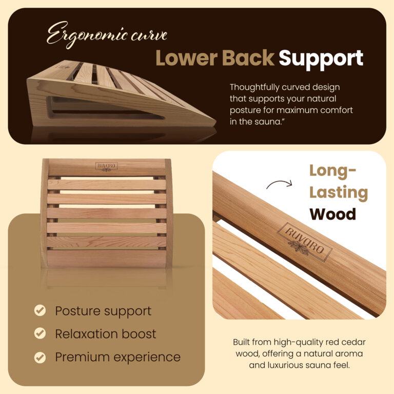 Close views of the RUVARO red cedar sauna headrest showing the curved frame, open slats and branded wood surface
