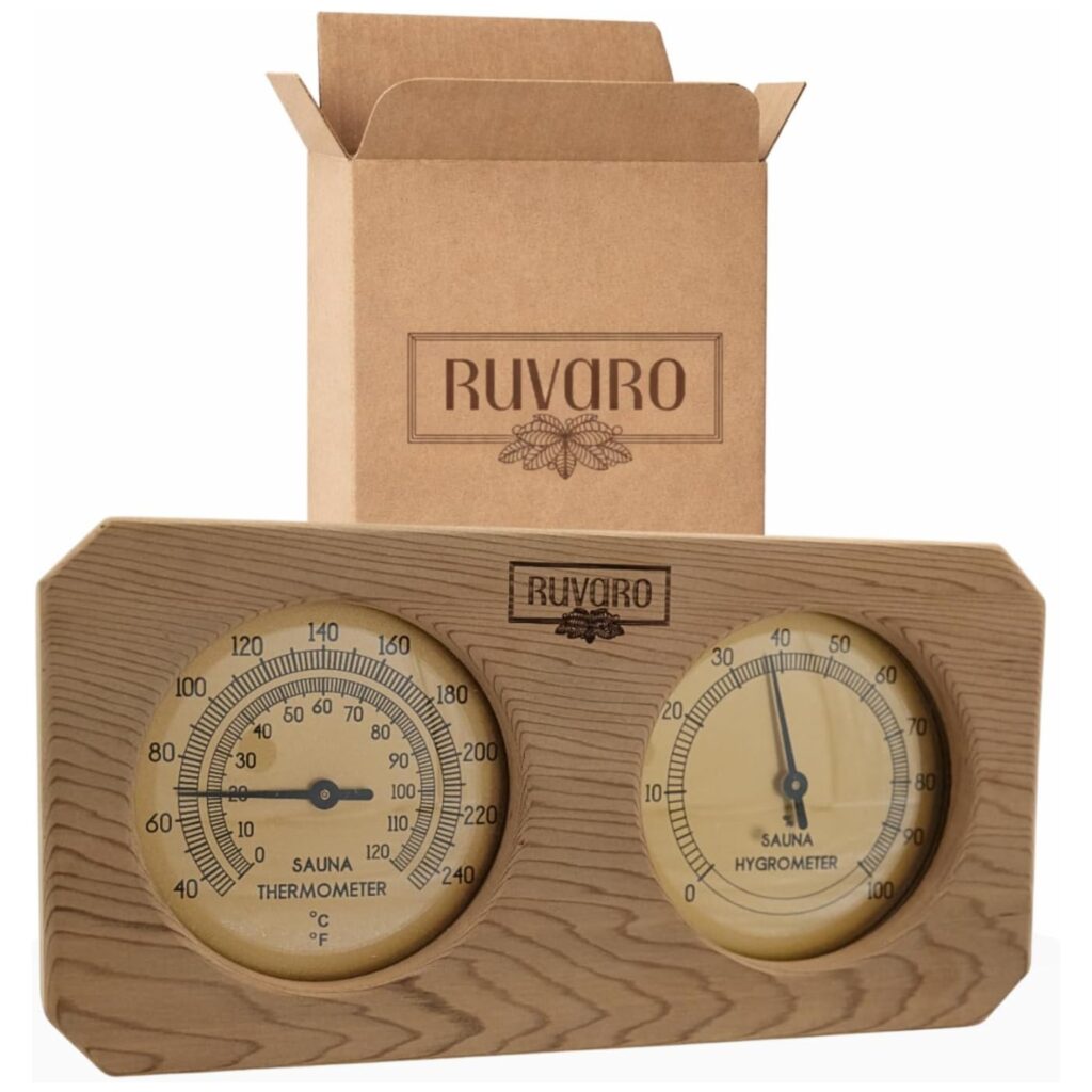 RUVARO Canadian red cedar sauna humidity gauge with separate thermometer and hygrometer dials