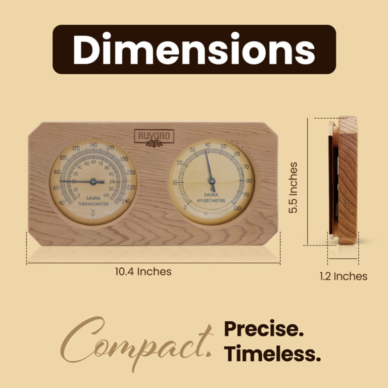 RUVARO sauna thermometer hygrometer dimensions infographic