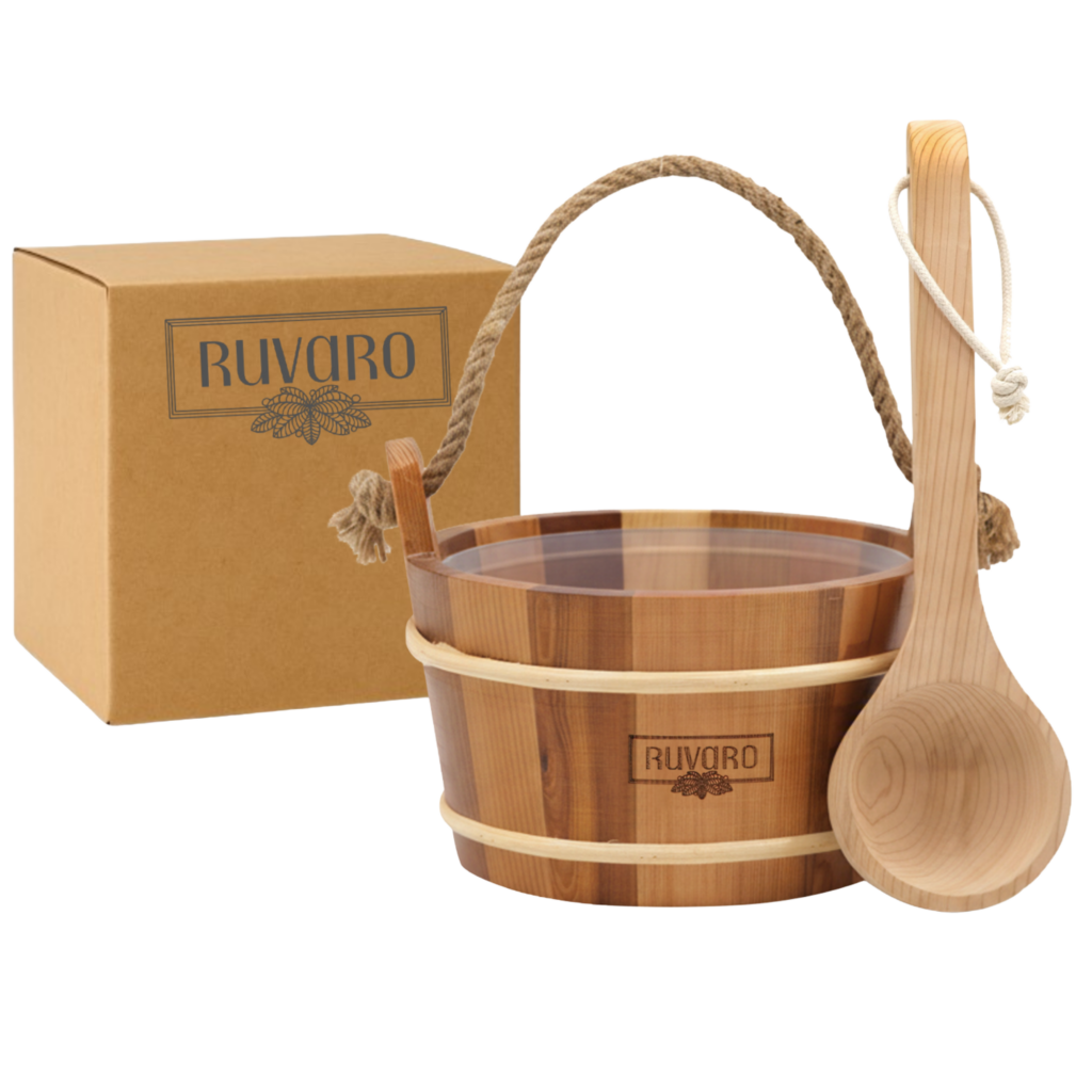 RUVARO Canadian red cedar sauna water bucket with natural rope handle, wooden ladle, removable liner and box
